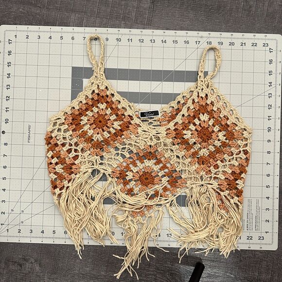 Boho Crochet Fringe Top Festival Tank Beige Rust Handmade Summer Hippie M - Picture 3 of 3